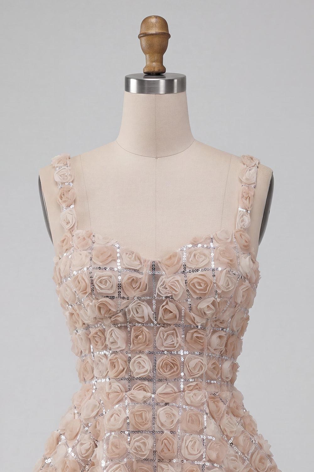 Dressystars Champagne Sequin A-Line Short Homecoming Dress with 3D Flowers