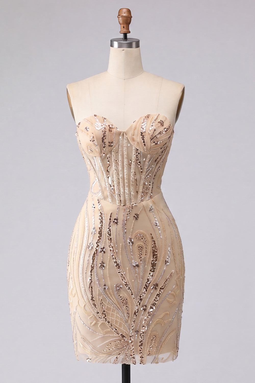 Dressystars Champagne Sequin Tight Short Corset Homecoming Dress