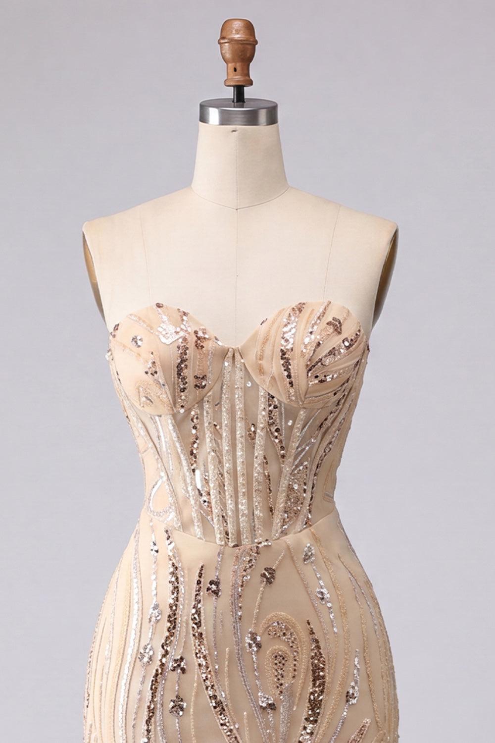 Dressystars Champagne Sequin Tight Short Corset Homecoming Dress