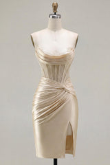 Dressystars Champagne Strapless Ruched Corset Tight Short Homecoming Dress with Slit