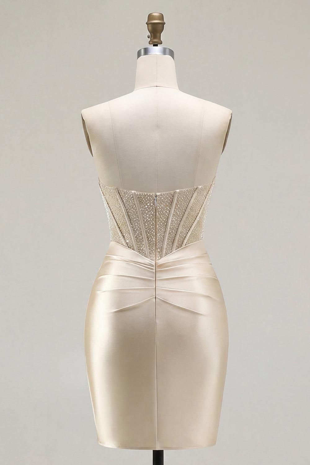 Dressystars Champagne Strapless Ruched Corset Tight Short Homecoming Dress with Slit