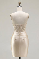 Dressystars Champagne Strapless Ruched Corset Tight Short Homecoming Dress with Slit