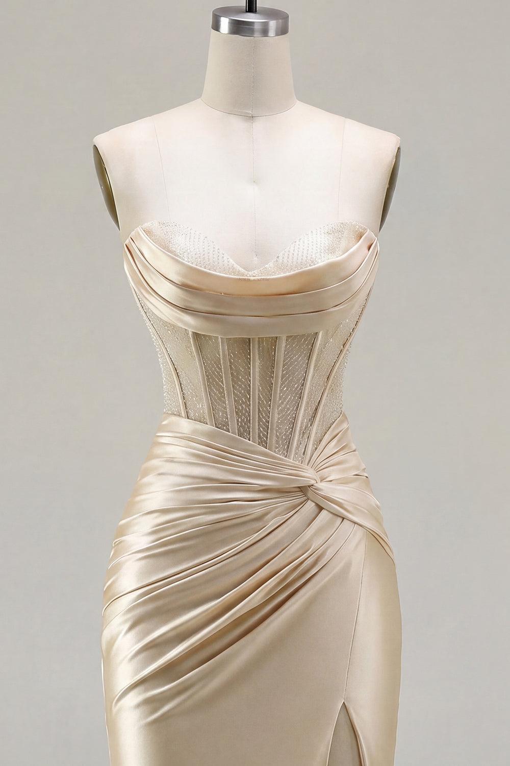 Dressystars Champagne Strapless Ruched Corset Tight Short Homecoming Dress with Slit