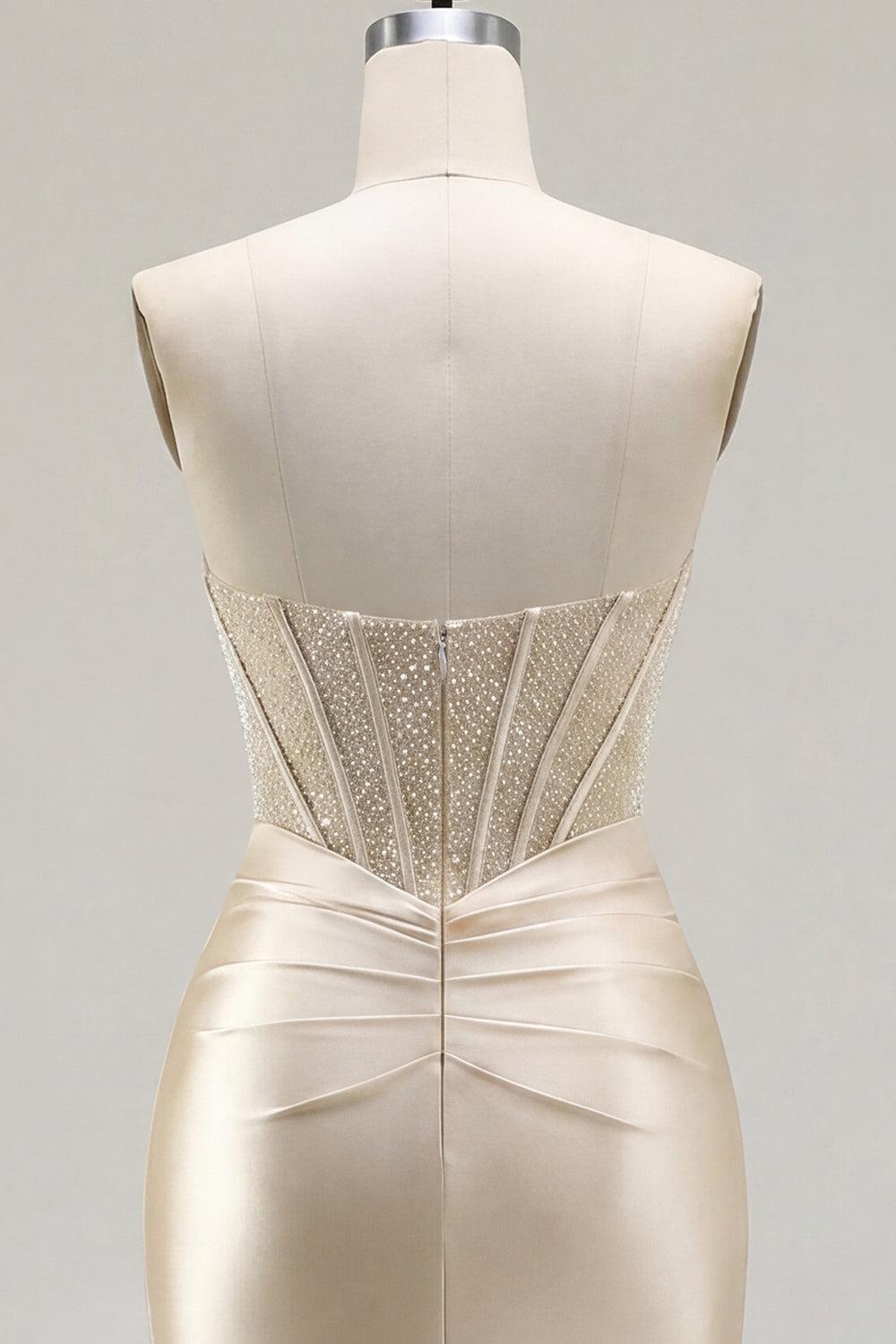 Dressystars Champagne Strapless Ruched Corset Tight Short Homecoming Dress with Slit