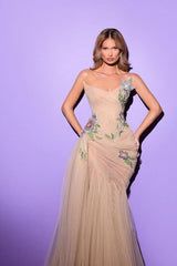 Dressystars Champagne Tulle Formal Dress Strapless Mermaid Embroidered Prom Dress with Rhinestones