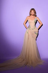 Dressystars Champagne Tulle Formal Dress Strapless Mermaid Embroidered Prom Dress with Rhinestones