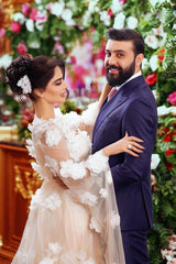 Dressystars Champagne Wedding Dress A Line Square Beaded Illusion Sleeves Sequined Tulle Bridal Gown With 3D Flowers