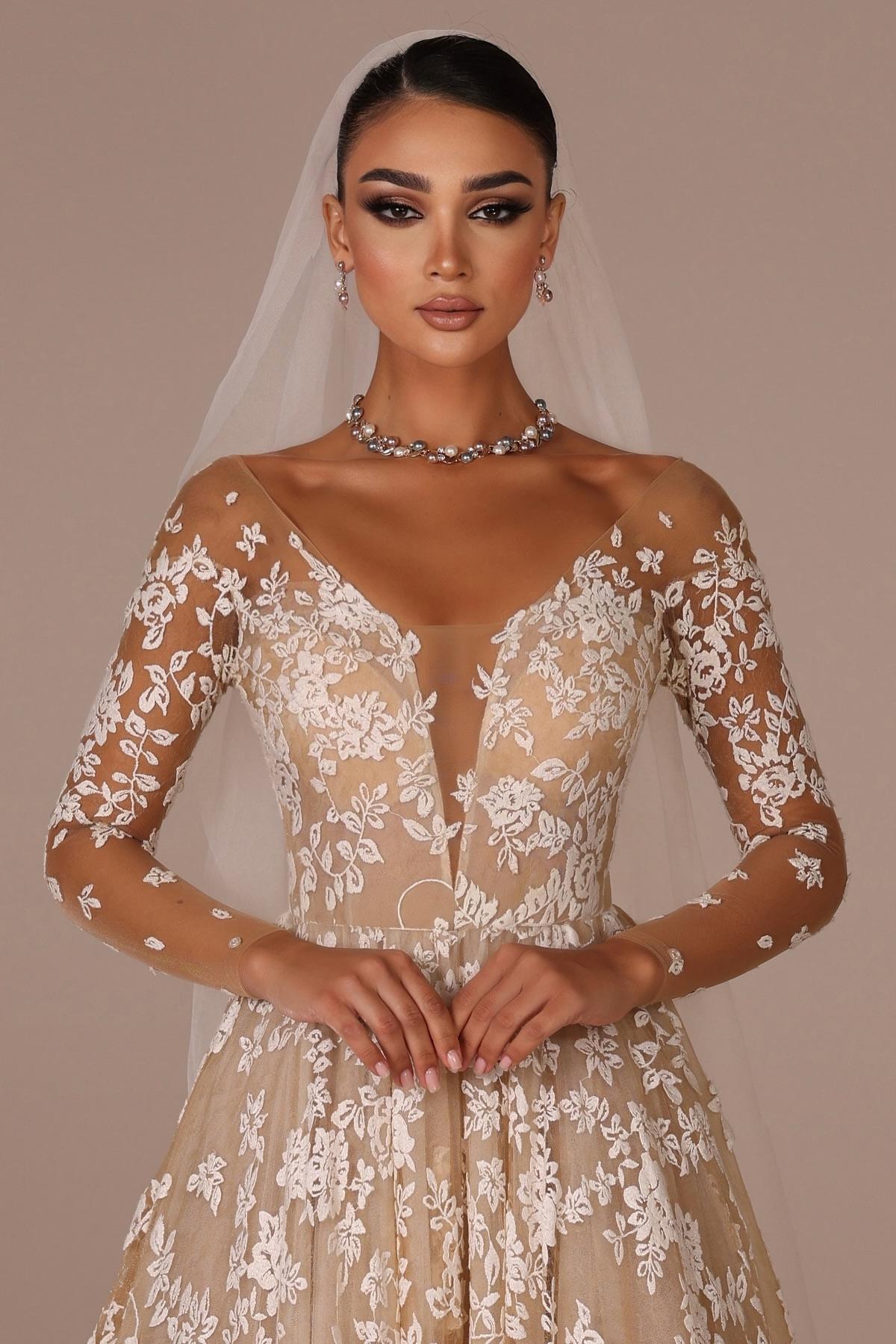 Dressystars Champagne Wedding Dress A Line V Neck Illusion Sleeves Floor Length Tulle Bridal Gown With Appliques