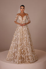 Dressystars Champagne Wedding Dress A Line V Neck Illusion Sleeves Floor Length Tulle Bridal Gown With Appliques