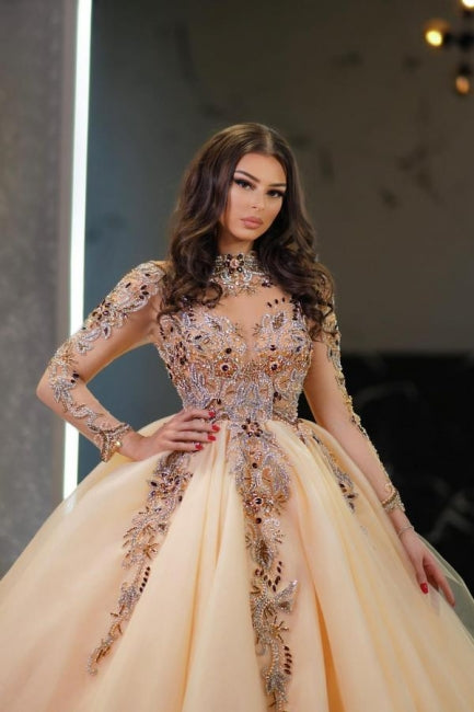 Dressystars Champagne Wedding Dress Sleeves High Neck Beaded Ball Gown Tulle Bridal Gown With Rhinestone