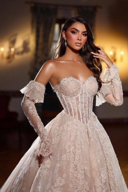 Dressystars Champagne Wedding Dress Sweetheart Sleeveless Beaded Lace Princess Ball Gown Bridal Gown