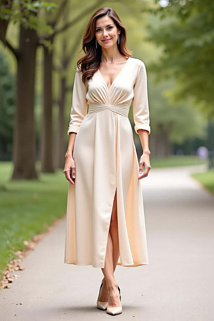 Dressystars Champagne Wedding Guest Dress V-Neck A Line Formal Dress With Long Sleeves Dressystars Champagne Wedding Guest Dress V-Neck A Line Formal Dress With Long Sleeves