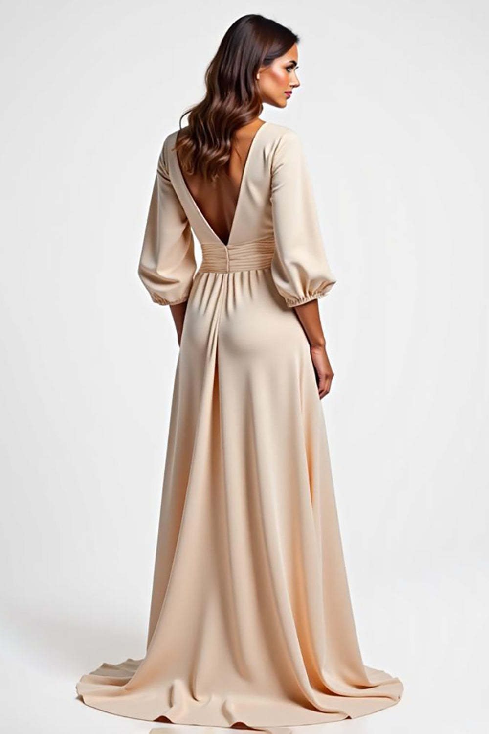 Dressystars Champagne Wedding Guest Dress V-Neck A Line Ruched Long Formal Dress