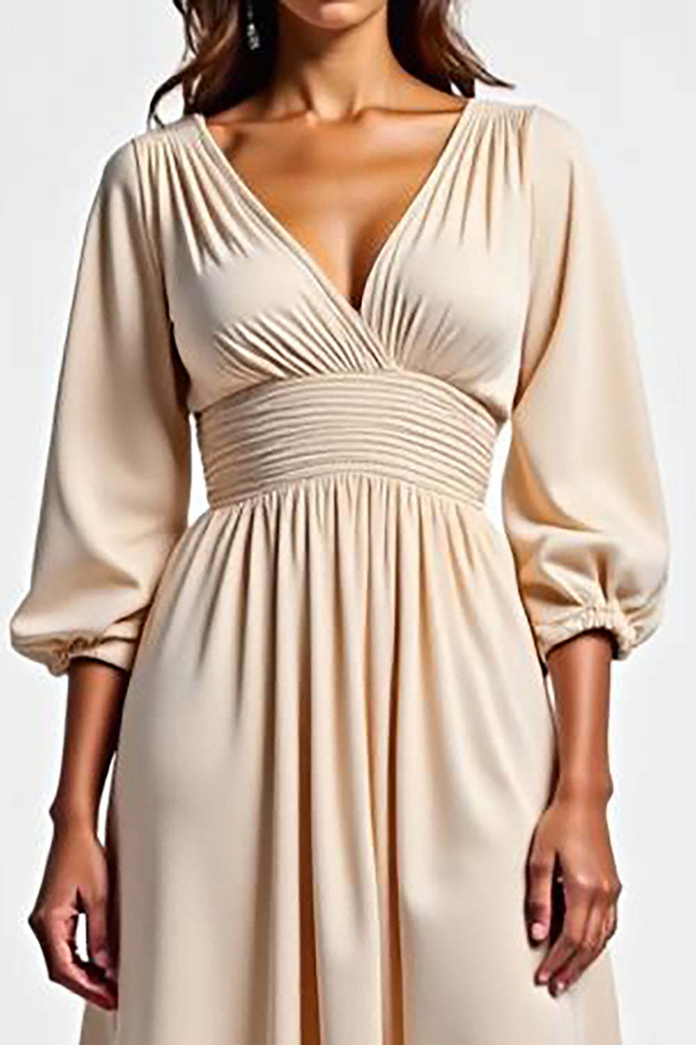Dressystars Champagne Wedding Guest Dress V-Neck A Line Ruched Long Formal Dress