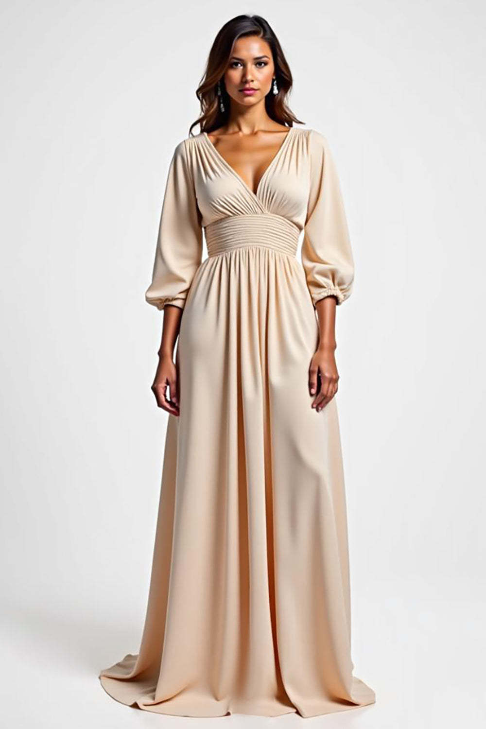 Dressystars Champagne Wedding Guest Dress V-Neck A Line Ruched Long Formal Dress