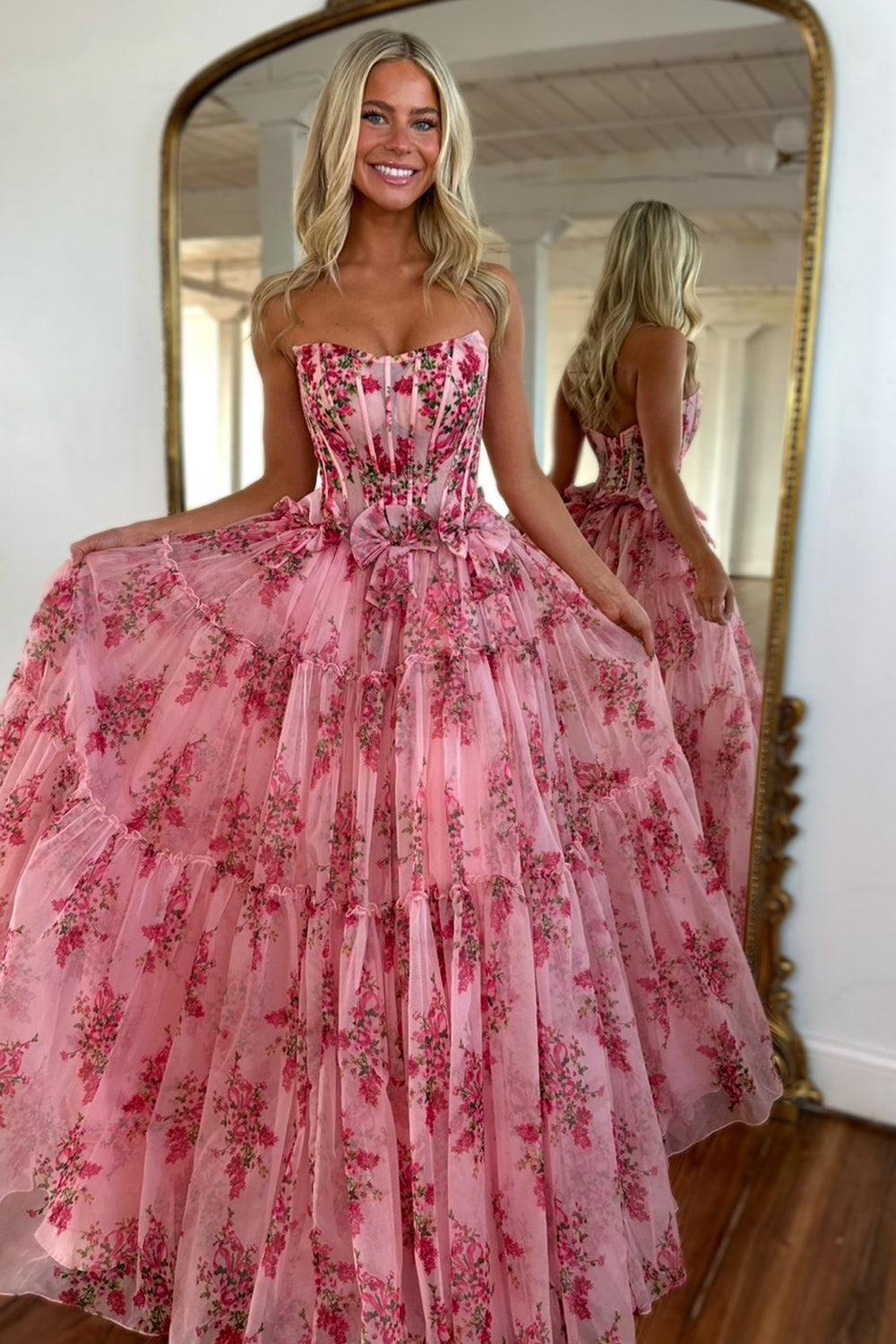 Dressystars Charming A-Line Pink Strapless Long Print Tulle Prom Party Dress Formal Evening Gown