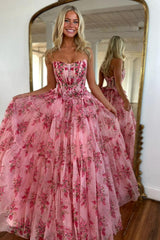 Dressystars Charming A-Line Pink Strapless Long Print Tulle Prom Party Dress Formal Evening Gown
