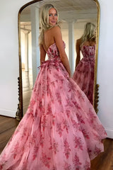 Dressystars Charming A-Line Pink Strapless Long Print Tulle Prom Party Dress Formal Evening Gown