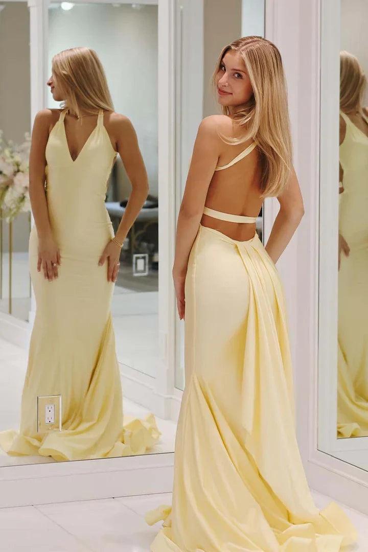 Dressystars Charming Mermaid Deep V Neck Yellow Long Prom Dress With Backless Formal Evening Gown