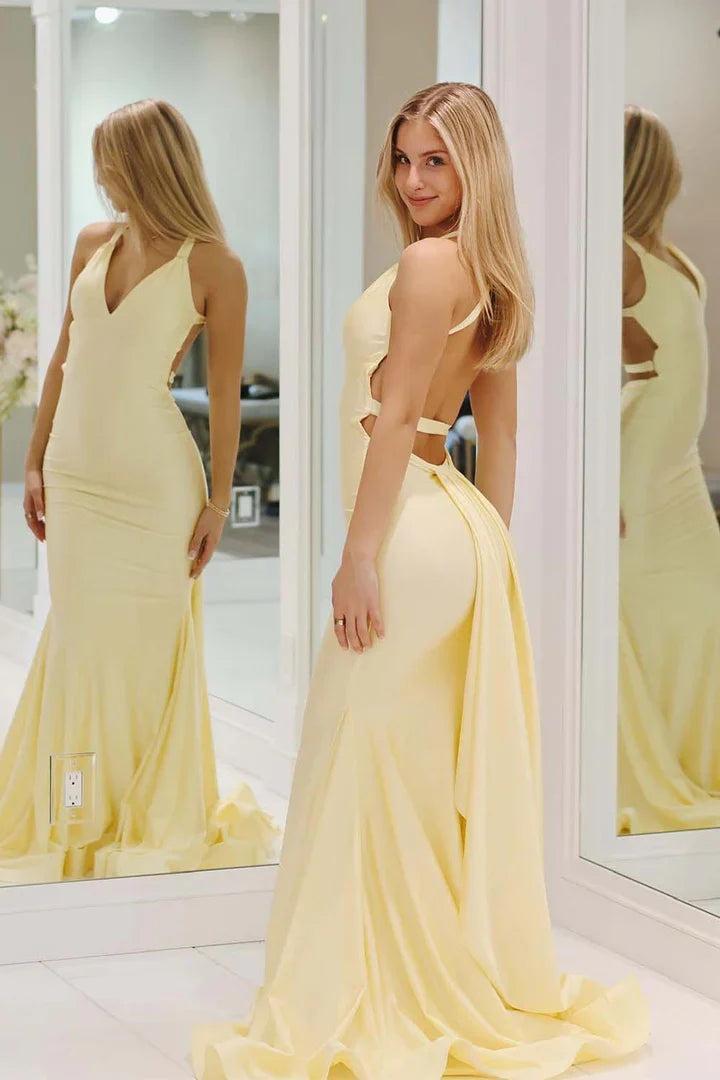 Dressystars Charming Mermaid Deep V Neck Yellow Long Prom Dress With Backless Formal Evening Gown