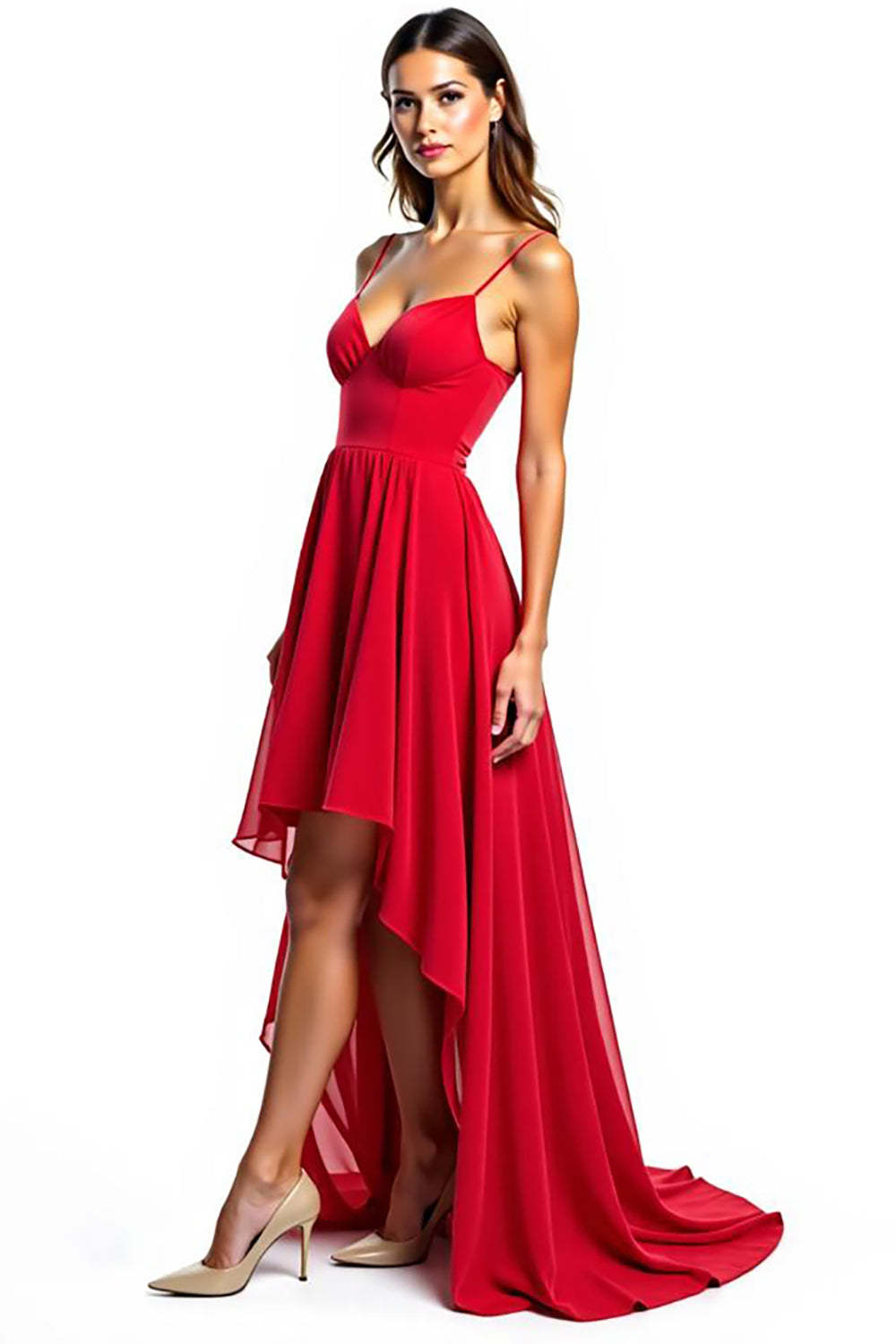Dressystars Chiffon High-Low Spaghetti Straps Red Wedding Guest Dress Formal Dress