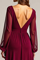 Dressystars Chiffon Long Burgundy Wedding Guest Dress Formal Dress With Ruffles