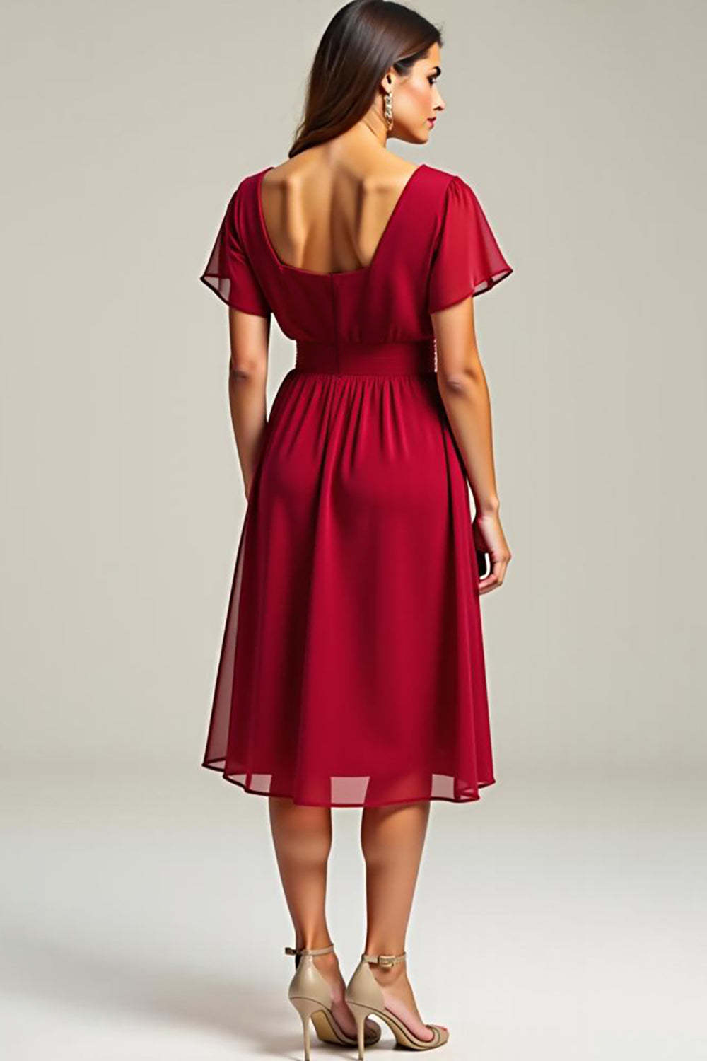 Dressystars Chiffon Red Wedding Guest Dress V-Neck Knee Length Formal Dress With Short Sleeves
