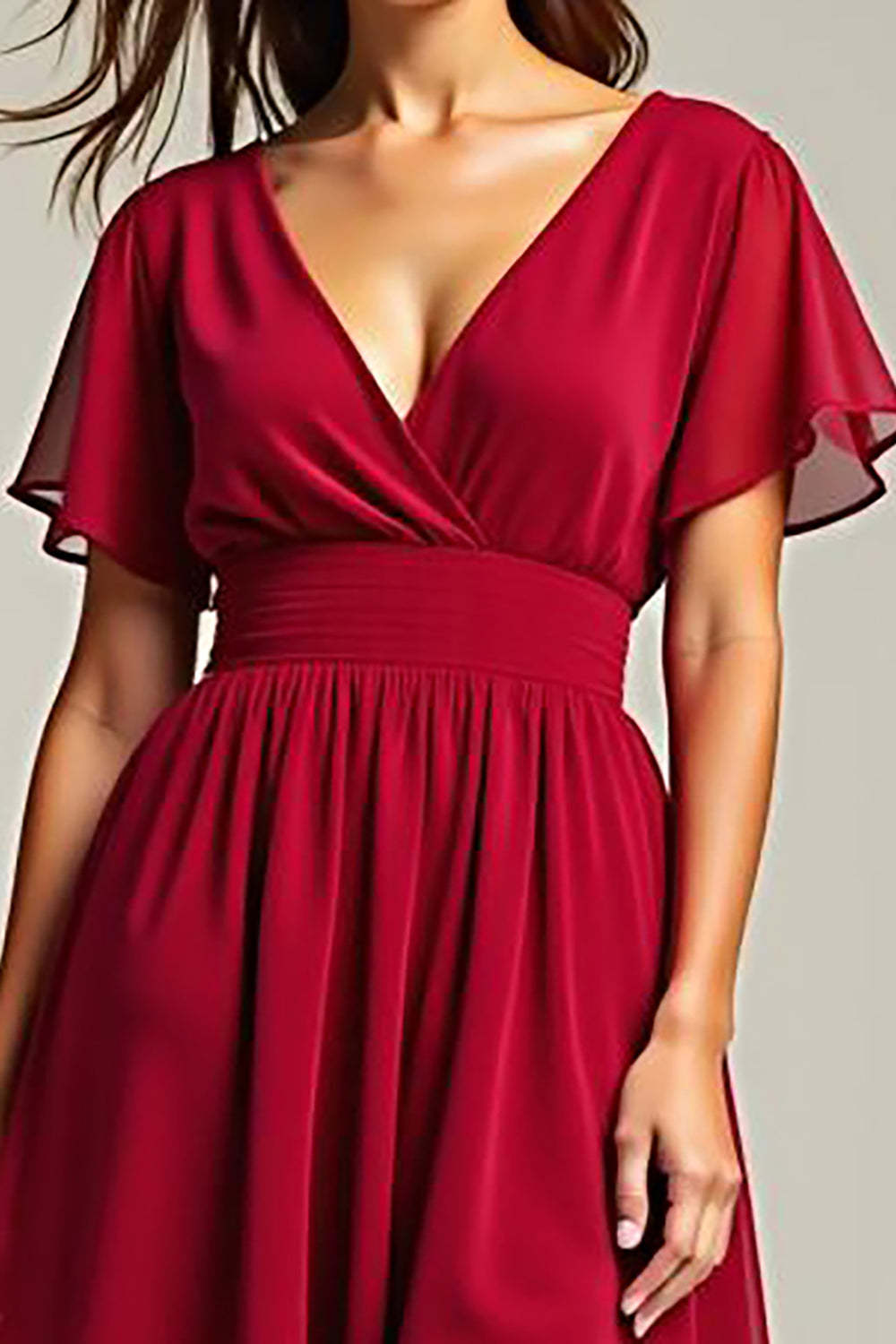 Dressystars Chiffon Red Wedding Guest Dress V-Neck Knee Length Formal Dress With Short Sleeves