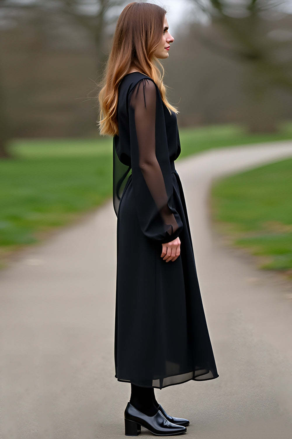 Dressystars Chiffon Sleeves A Line Black Wedding Guest Dress Formal Dress