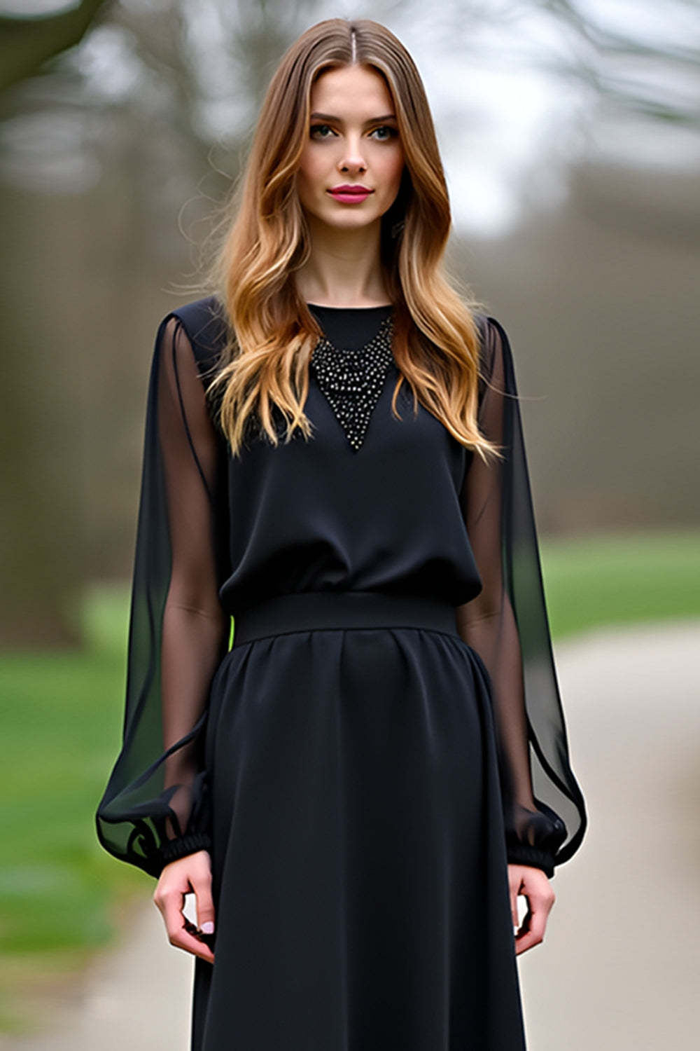 Dressystars Chiffon Sleeves A Line Black Wedding Guest Dress Formal Dress