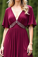 Dressystars Chiffon V-Neck Burgundy Wedding Guest Dress Formal Dress With Beading