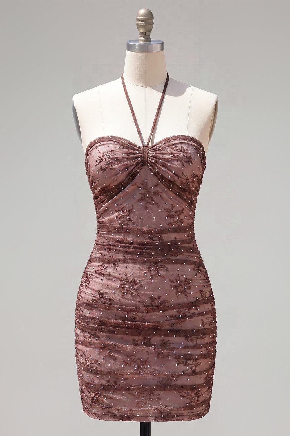 Dressystars Chocolate Brown Halter Beaded Ruched Tight Short Homecoming Dress