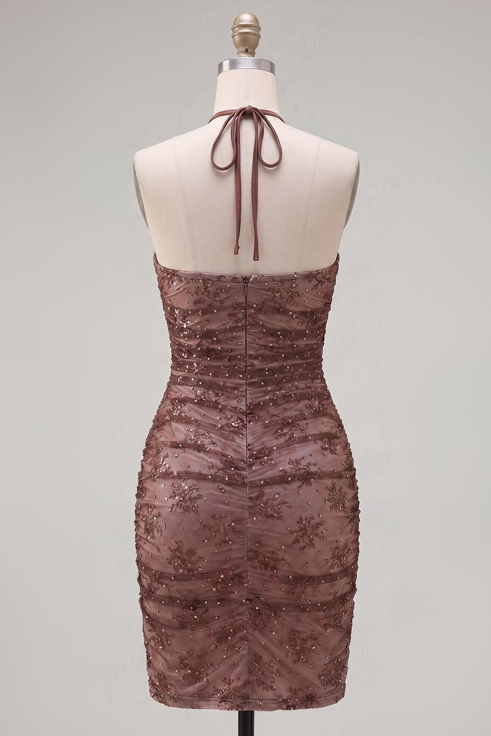 Dressystars Chocolate Brown Halter Beaded Ruched Tight Short Homecoming Dress