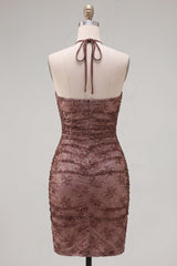 Dressystars Chocolate Brown Halter Beaded Ruched Tight Short Homecoming Dress