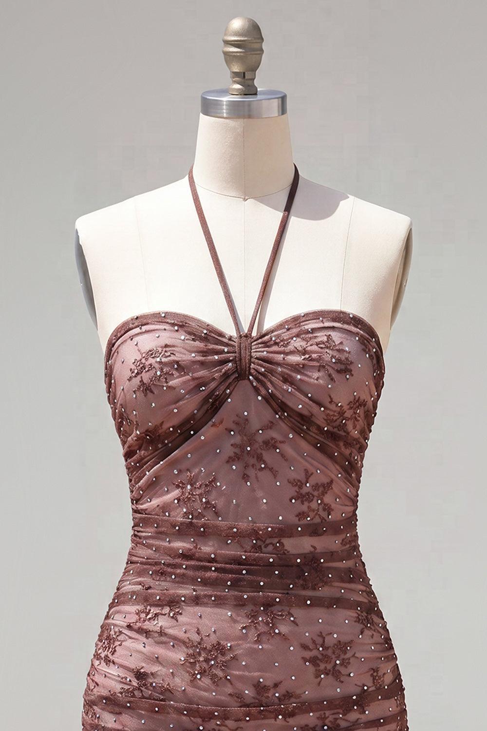 Dressystars Chocolate Brown Halter Beaded Ruched Tight Short Homecoming Dress