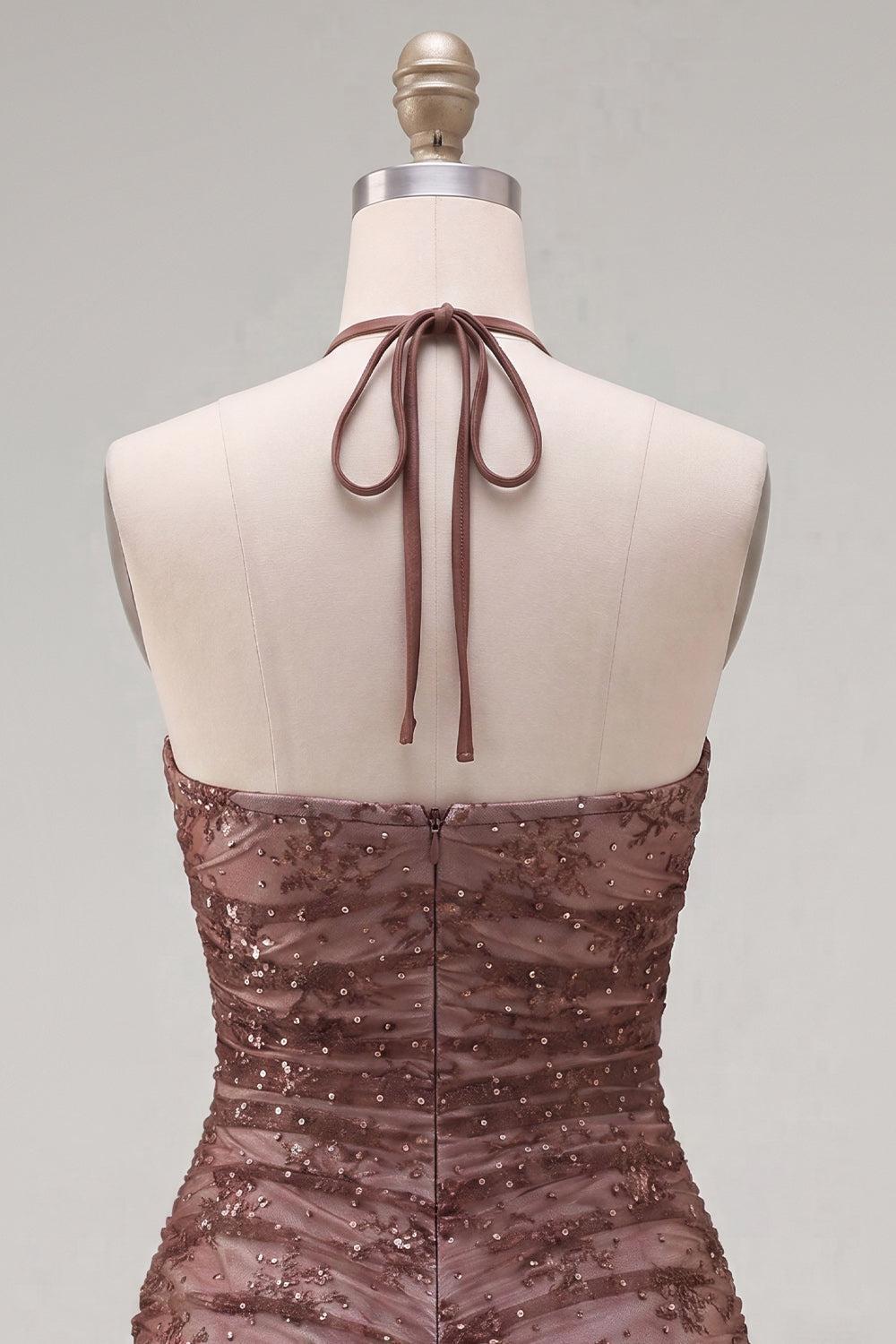 Dressystars Chocolate Brown Halter Beaded Ruched Tight Short Homecoming Dress