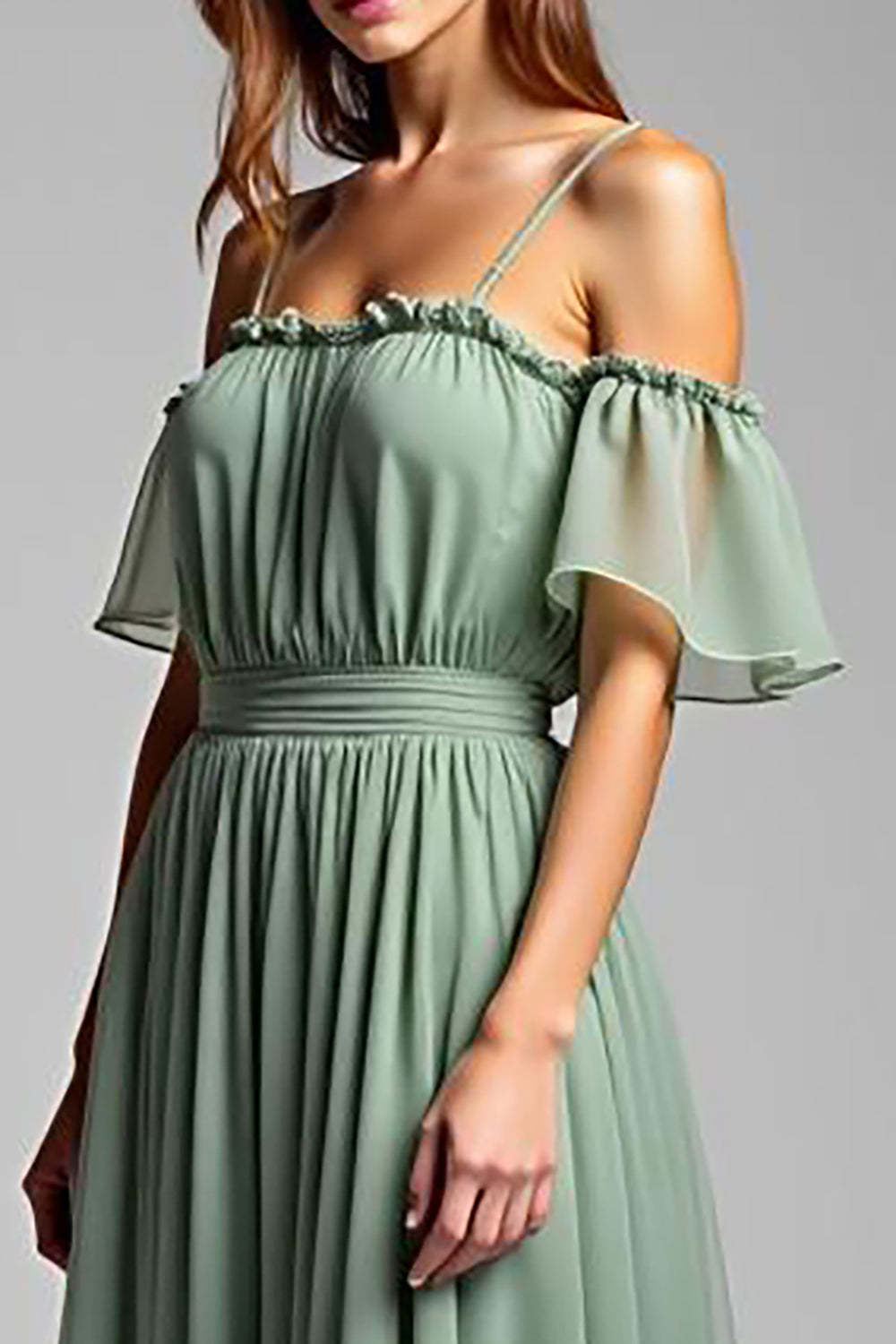 Dressystars Cold Shoulder A Line Dusty Sage Wedding Guest Dress Long Formal Dress