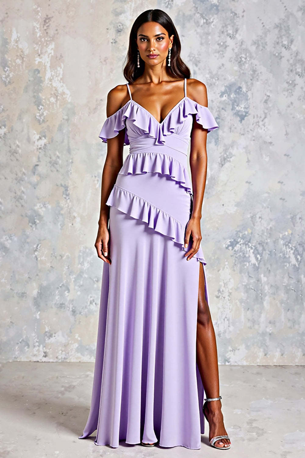 Dressystars Cold Shoulder Lilac Ruffled Long Chiffon Formal Dress