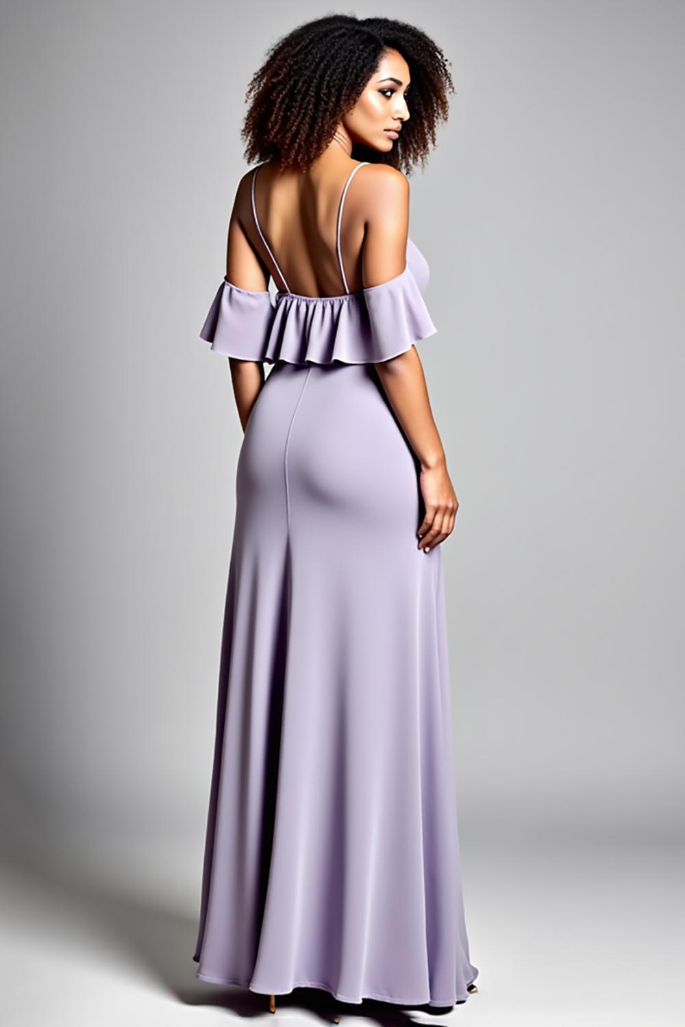 Dressystars Cold Shoulder Ruffled Lilac Long Formal Dress With Slit