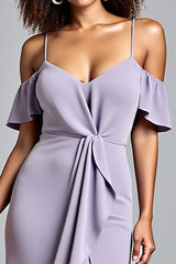 Dressystars Cold Shoulder Ruffled Lilac Long Formal Dress With Slit