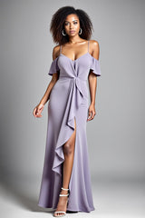 Dressystars Cold Shoulder Ruffled Lilac Long Formal Dress With Slit