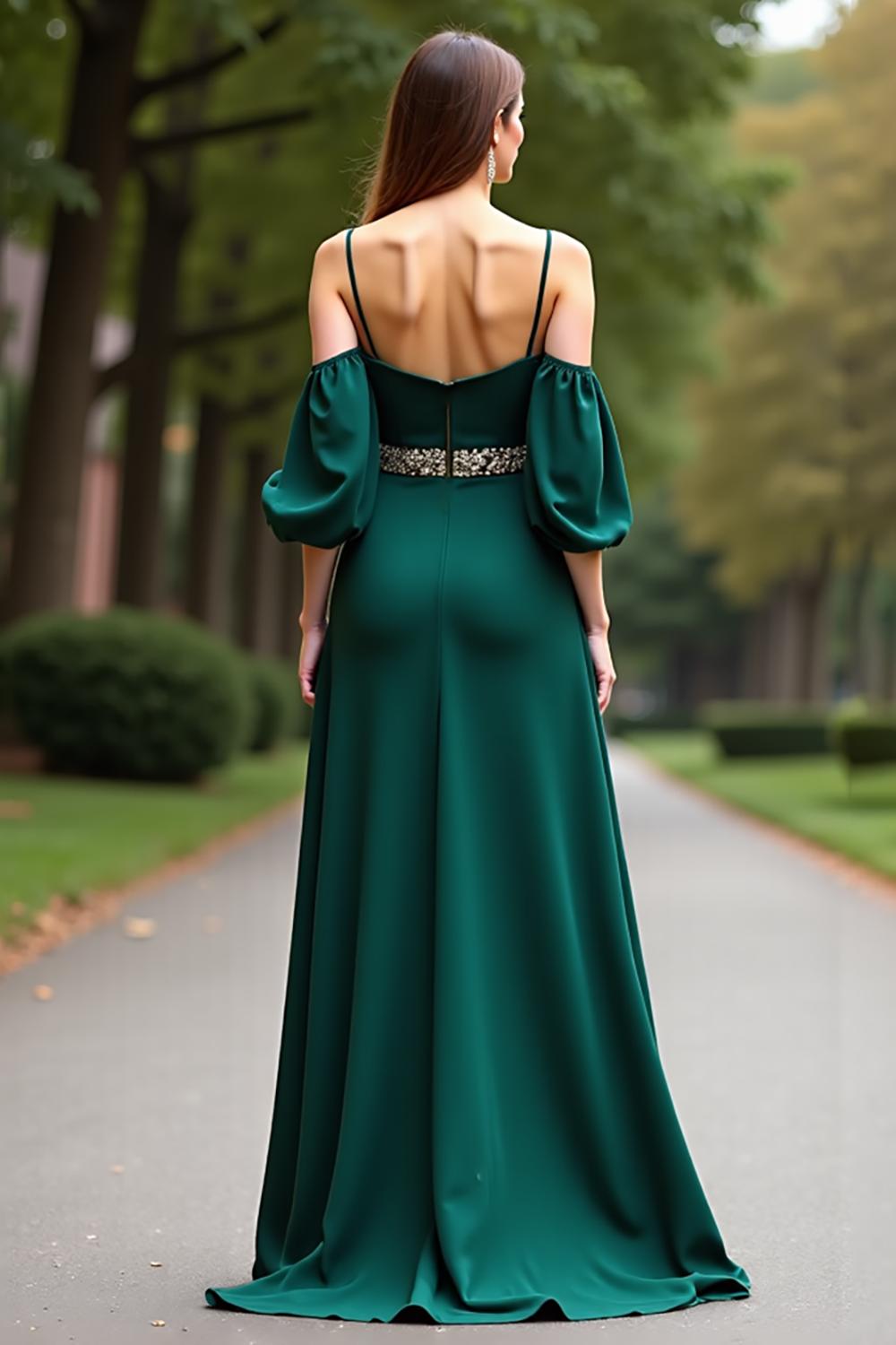 Dressystars Cold Shoulder Satin Dark Green Wedding Guest Dress Long Formal Dress