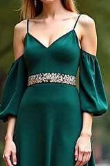 Dressystars Cold Shoulder Satin Dark Green Wedding Guest Dress Long Formal Dress