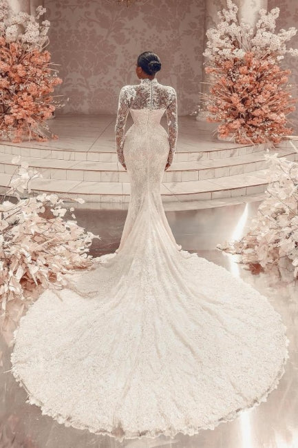 Dressystars Column Lace High Neck Sleeve White Wedding Dress Bridal Gown With Appliques Train