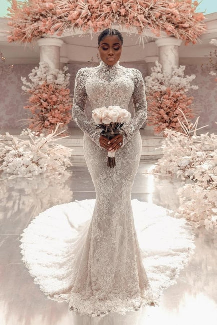 Dressystars Column Lace High Neck Sleeve White Wedding Dress Bridal Gown With Appliques Train