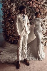 Dressystars Column Lace High Neck Sleeve White Wedding Dress Bridal Gown With Appliques Train