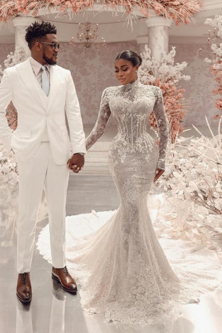 Dressystars Column Lace High Neck Sleeve White Wedding Dress Bridal Gown With Appliques Train