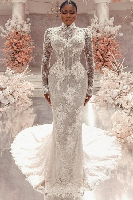 Dressystars Column Lace High Neck Sleeve White Wedding Dress Bridal Gown With Appliques Train