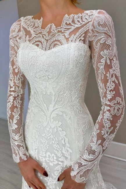 Dressystars Column Lace Sleeve White Wedding Dress Bridal Gown With Appliques