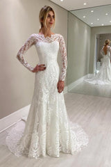 Dressystars Column Lace Sleeve White Wedding Dress Bridal Gown With Appliques
